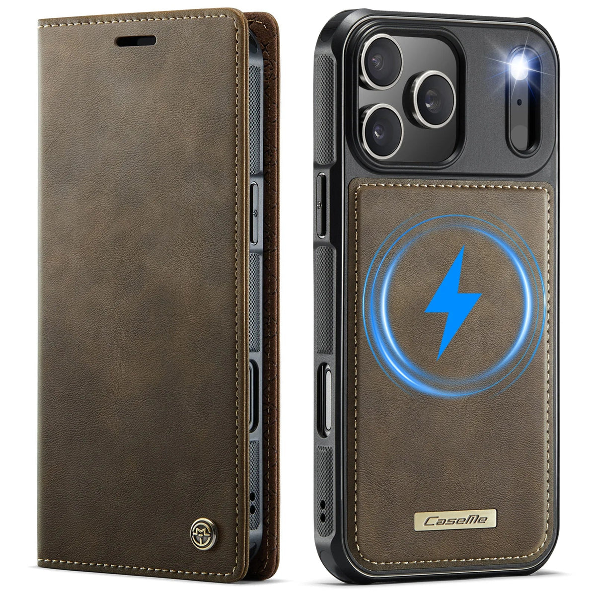 Coffee brown 2-in-1 detachable MagSafe leather wallet folio and inner bumper case for iPhone 17, Air and 11-16 series