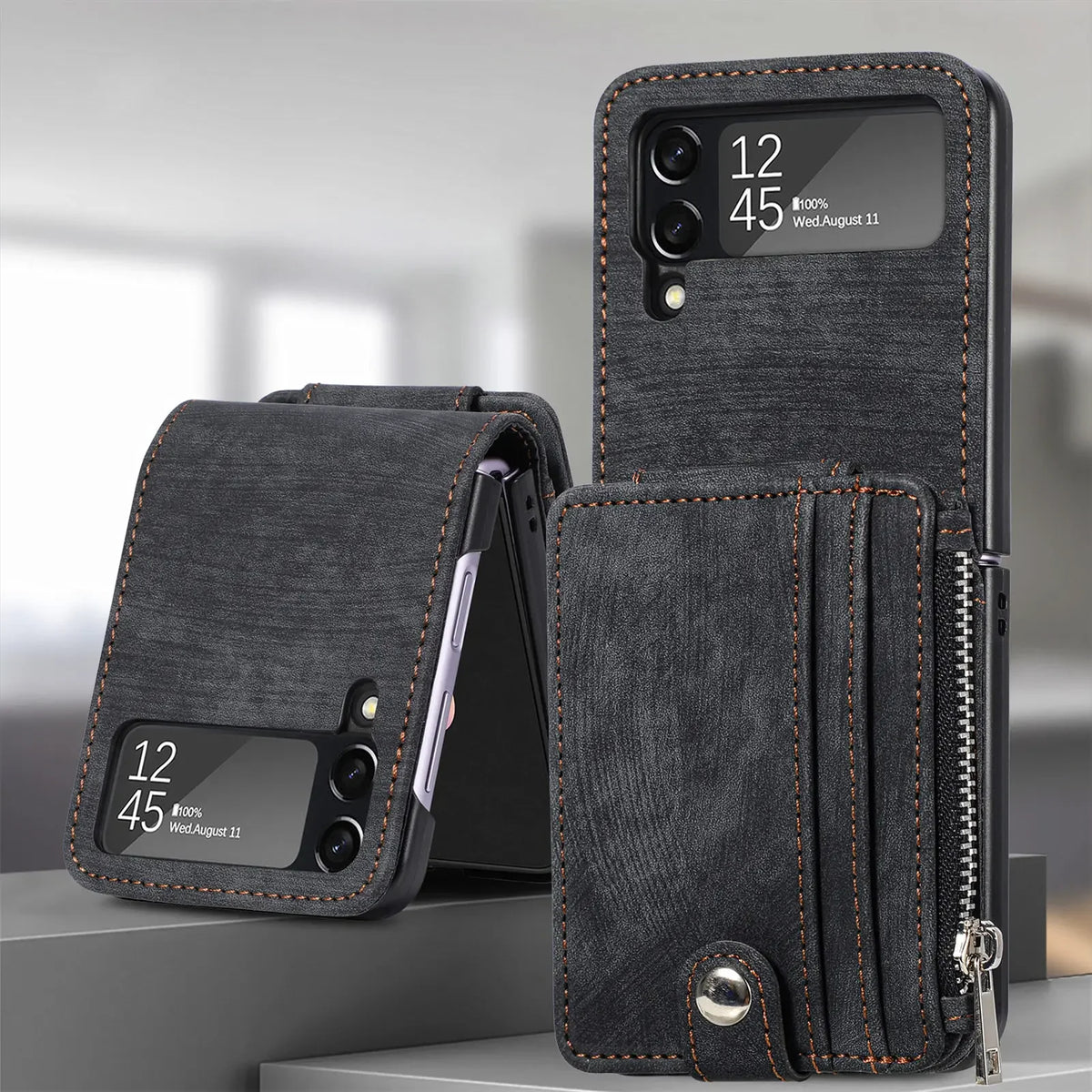 Black retro leather detachable zipper wallet case for Galaxy Z Flip