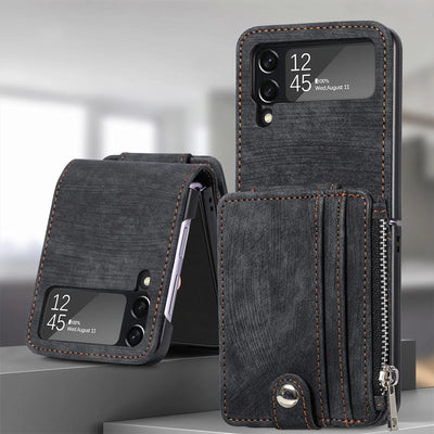 Black retro leather detachable zipper wallet case for Galaxy Z Flip