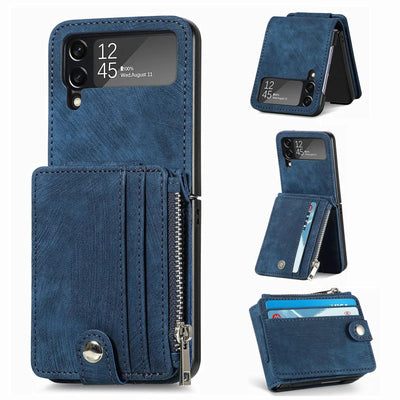 Blue detachable zipper wallet case for Galaxy Z Flip, back view with the card wallet open