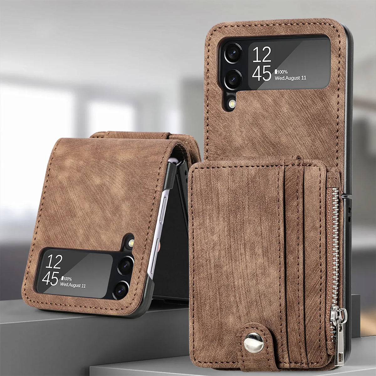 Brown retro leather detachable zipper wallet case for Galaxy Z Flip