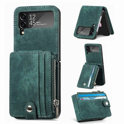 Green detachable zipper wallet case for Galaxy Z Flip, back view with the card wallet open