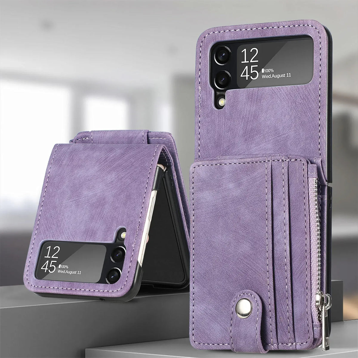 Purple retro leather detachable zipper wallet case for Galaxy Z Flip