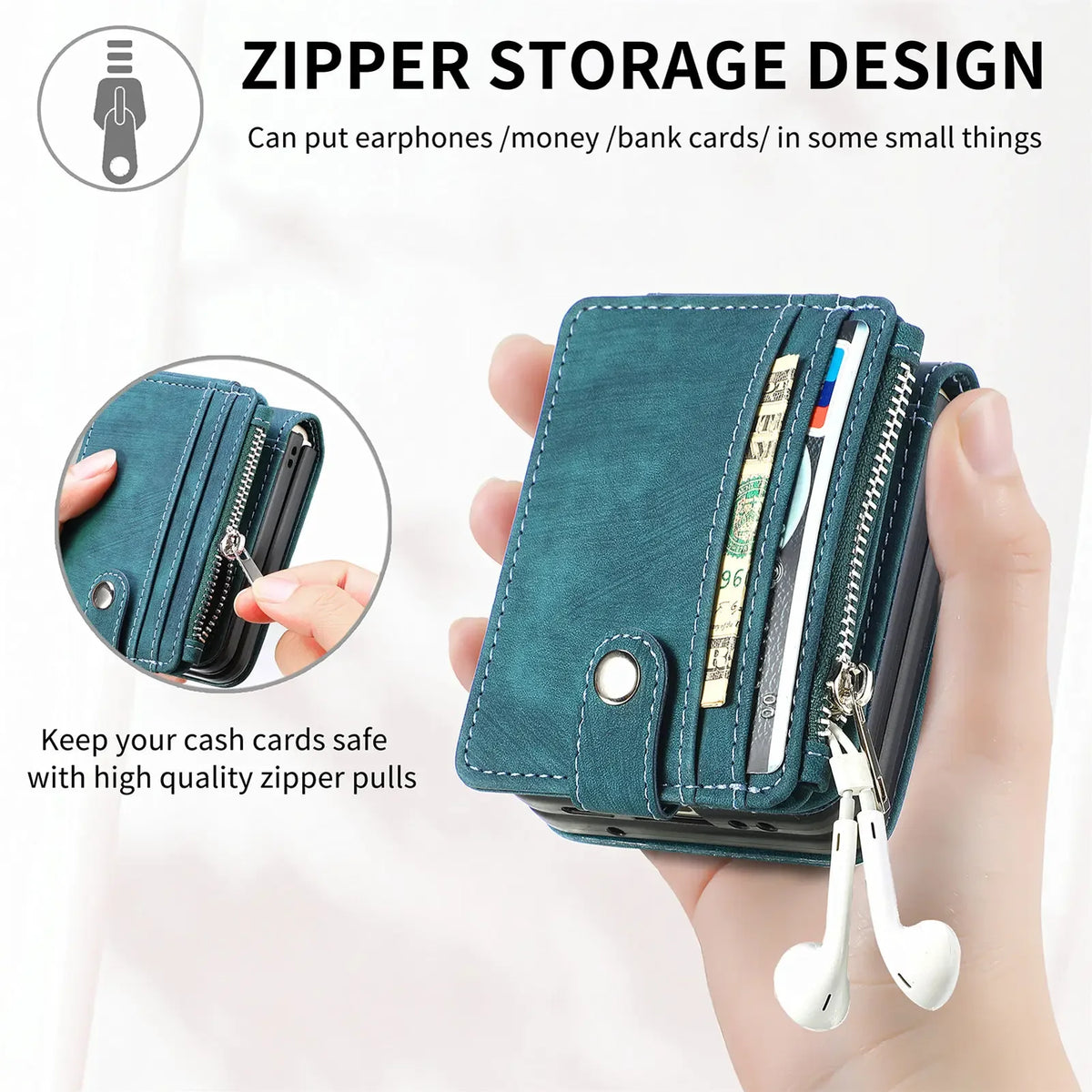 Hand holding the zipper wallet case open to show the card slots and zip pocket