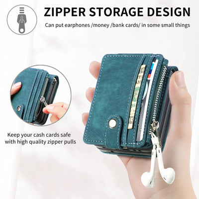 Hand holding the zipper wallet case open to show the card slots and zip pocket