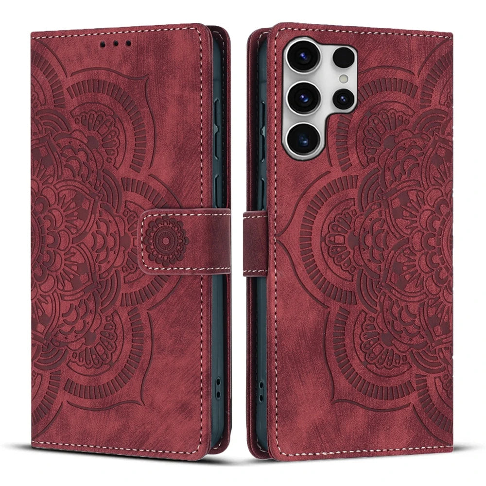 Red mandala embossed leather flip wallet case for Samsung Galaxy S26 to S20 series, front and back views