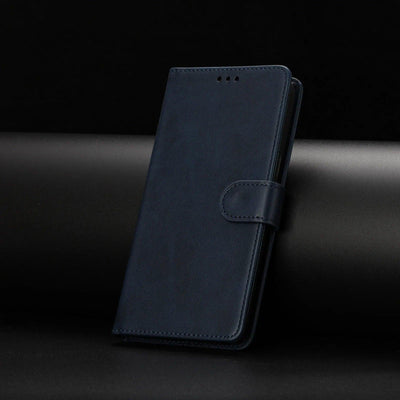 Blue flip leather wallet case for Galaxy A51 and A71, closed with magnetic strap