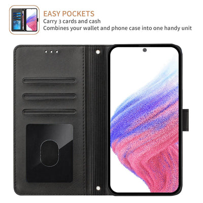 Open black Galaxy A51 wallet case with 3 card slots and a cash pocket
