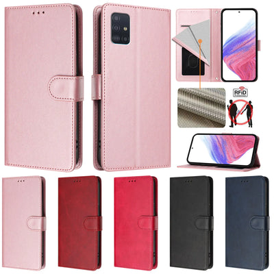 Pink flip leather wallet case for Samsung Galaxy A51 and A71, front, back, open and stand views with color options
