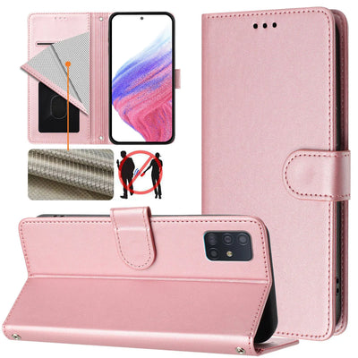 Pink Galaxy A51 wallet case with RFID-blocking card pocket, shown open and in stand mode