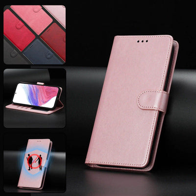 Pink flip leather wallet case for Galaxy A51 and A71, closed with magnetic strap