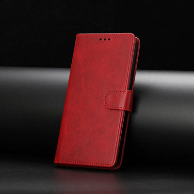 Red flip leather wallet case for Galaxy A51 and A71, closed with magnetic strap