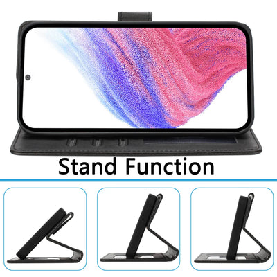 Galaxy A51 flip wallet case folded into a landscape stand at three viewing angles