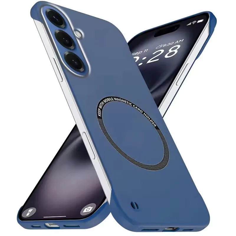 Dark blue frameless matte magnetic slim case for Samsung Galaxy Note 20 Ultra and S26 series, back and front views