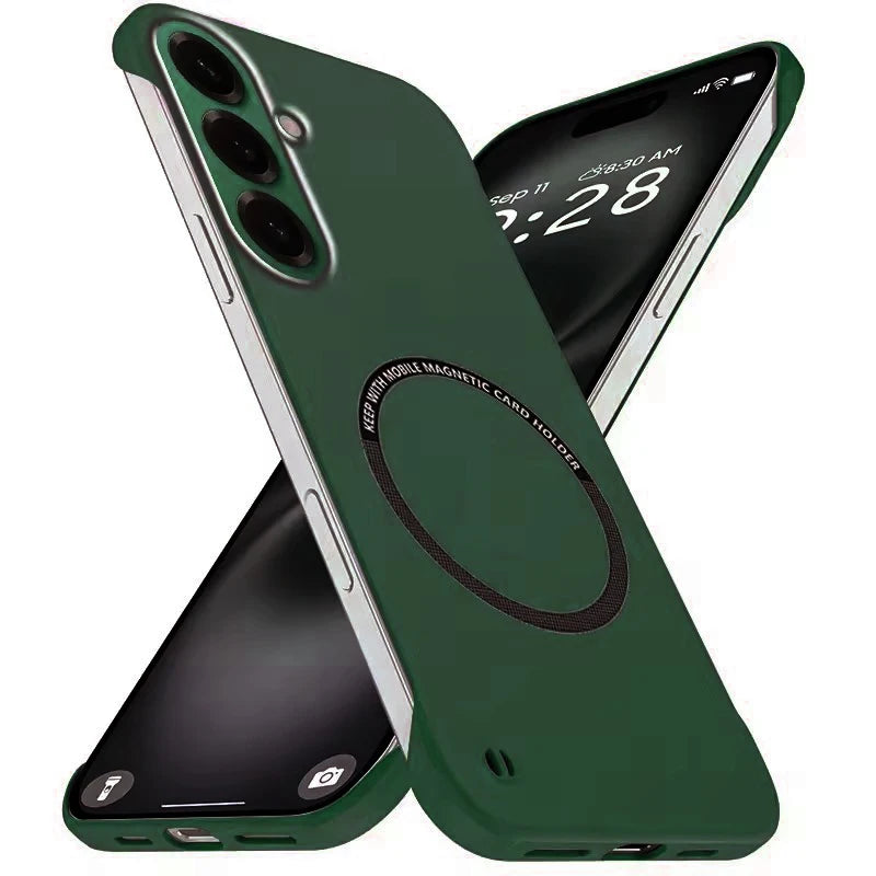 Dark green frameless matte magnetic slim case for Samsung Galaxy Note 20 Ultra and S26 series, back and front views