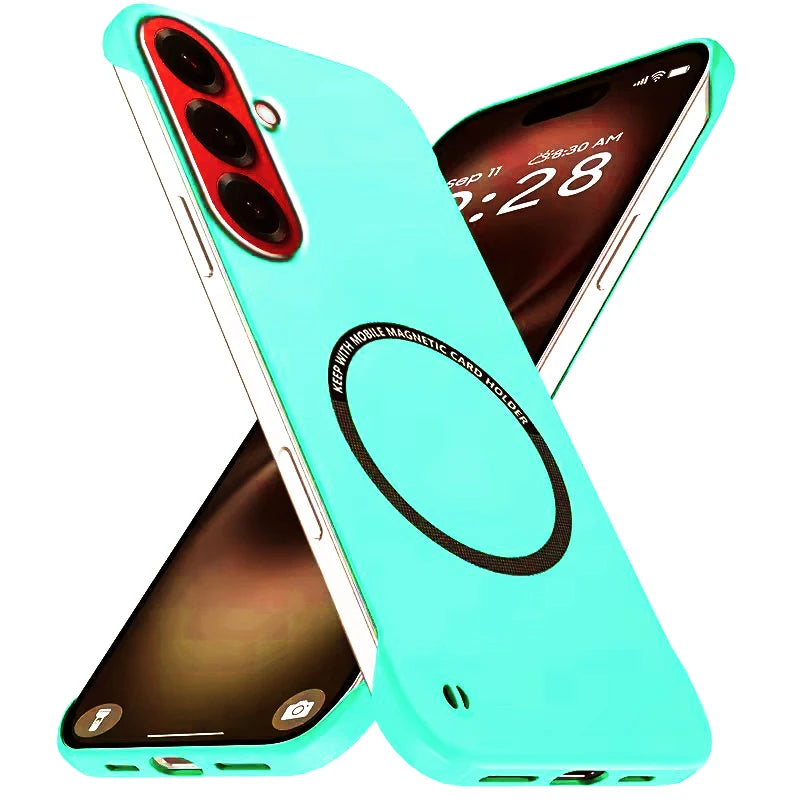 Mint green frameless matte magnetic slim case for Samsung Galaxy Note 20 Ultra and S26 series, back and front views