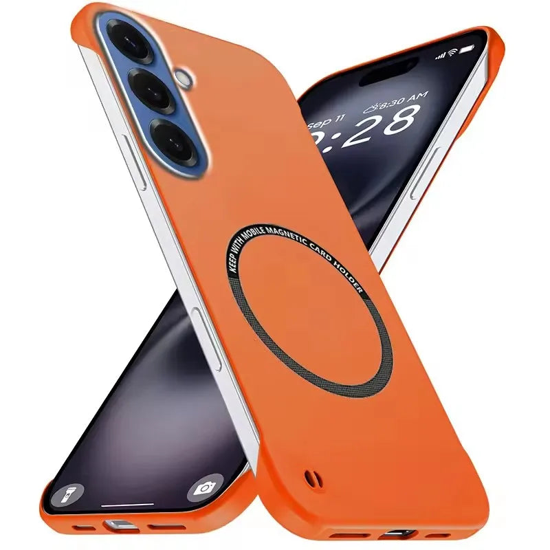 Orange frameless matte magnetic slim case for Samsung Galaxy Note 20 Ultra and S26 series, back and front views