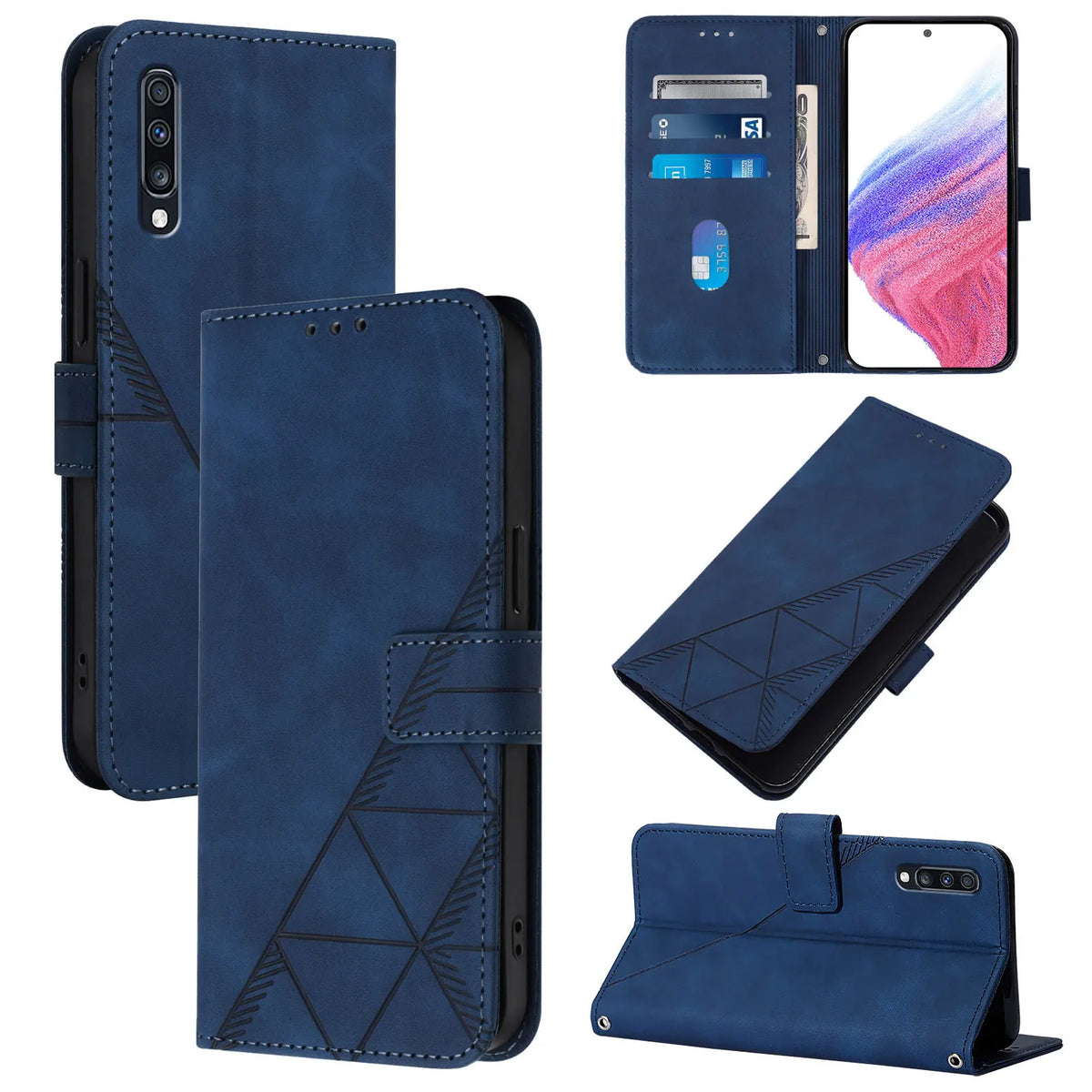 Five angles of the navy blue geometric embossed Galaxy A51 5G magnetic flip wallet case showing card slots and stand