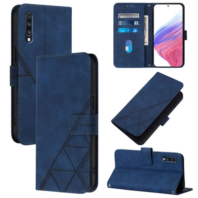 Five angles of the navy blue geometric embossed Galaxy A51 5G magnetic flip wallet case showing card slots and stand