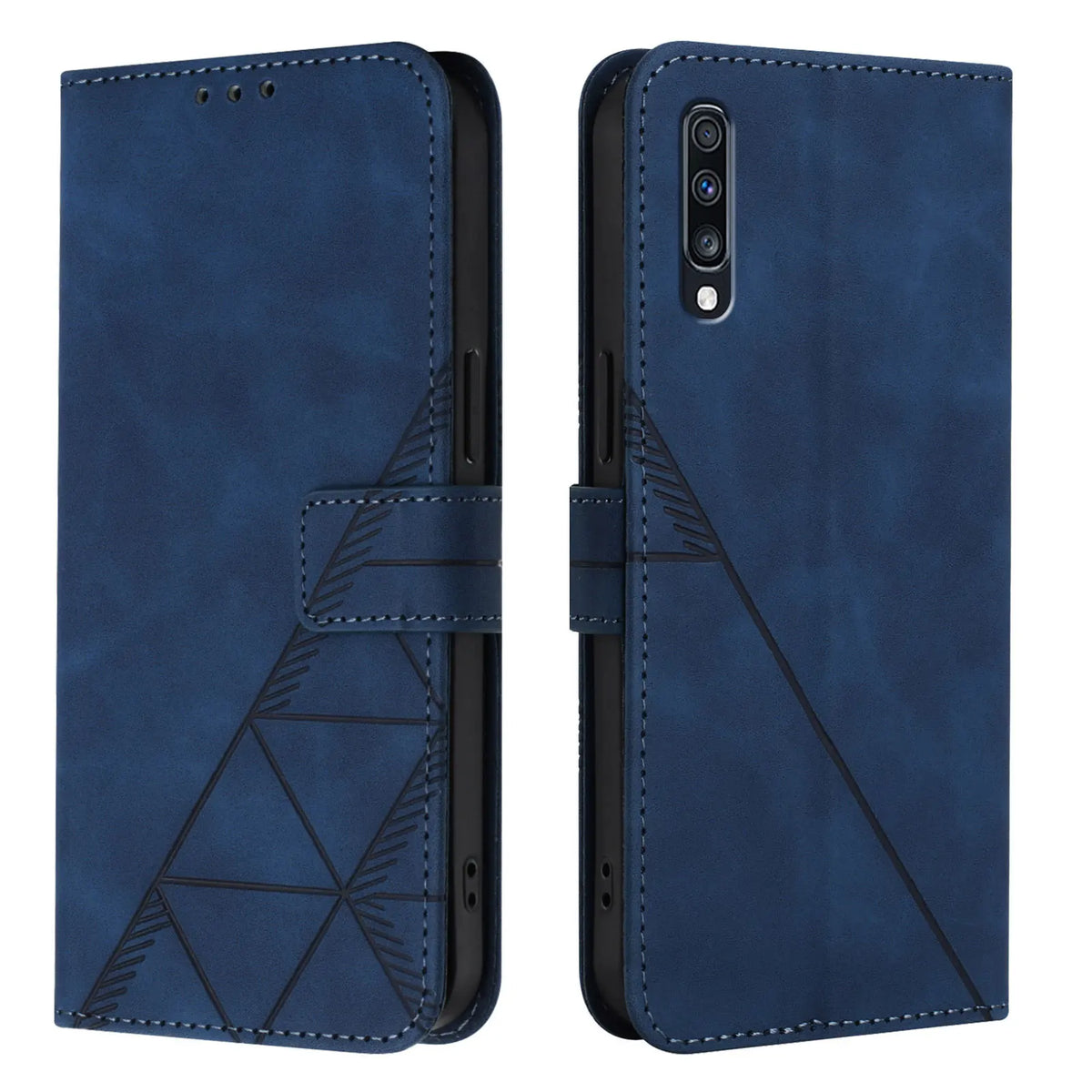 Navy blue geometric embossed magnetic flip wallet case for Samsung Galaxy A51 5G and A20, front and back views