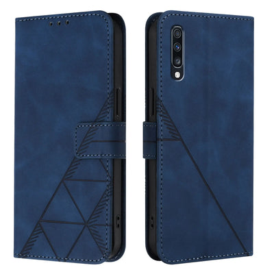 Navy blue geometric embossed magnetic flip wallet case for Samsung Galaxy A51 5G and A20, front and back views