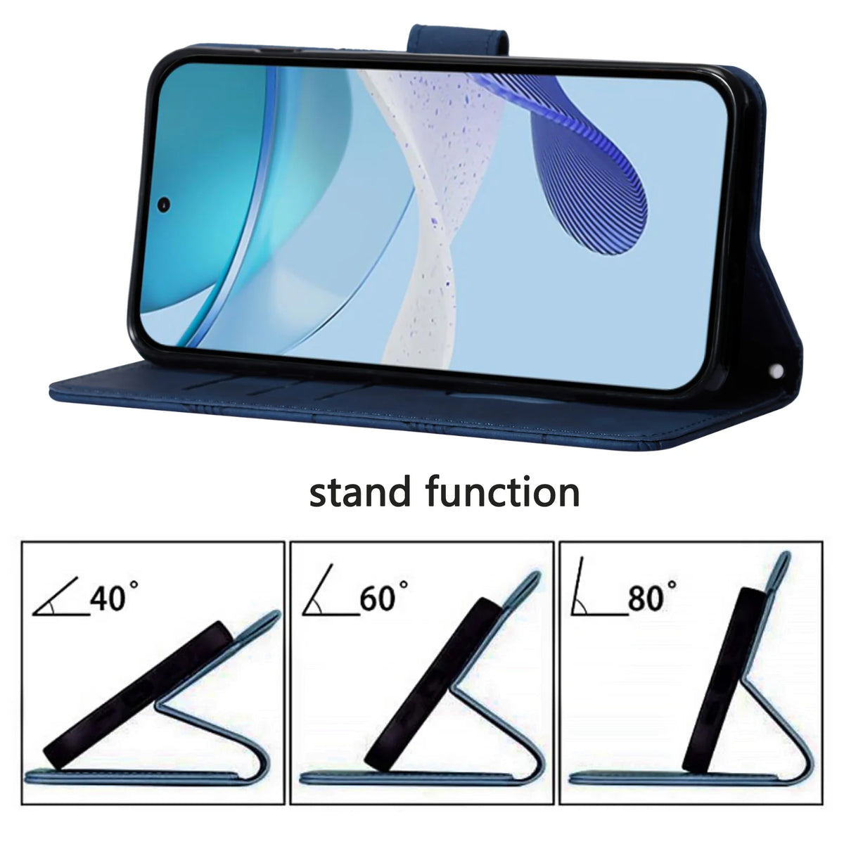 Adjustable 40, 60 and 80 degree landscape viewing stand angles on the Galaxy A51 5G flip wallet case