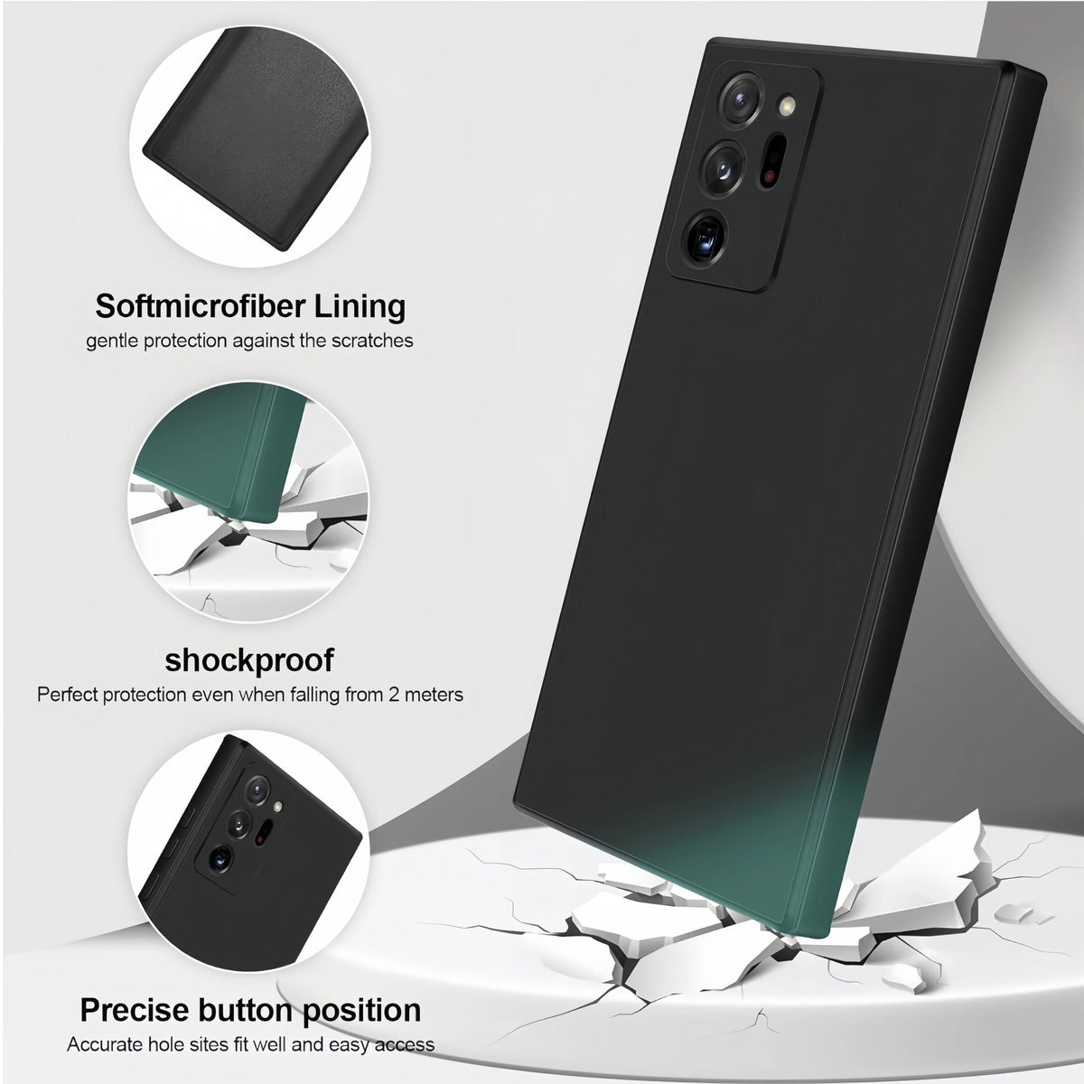 Soft microfiber cloth lining, 2-meter shockproof protection and precise button cutouts on the Galaxy Note silicone case