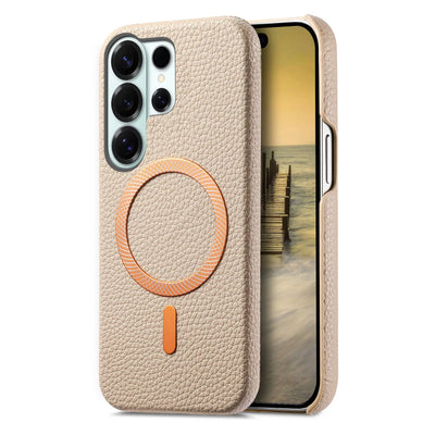 Beige lychee leather MagSafe slim case for Samsung Galaxy S26, S25, S24 and Galaxy A56, rear and front angle view