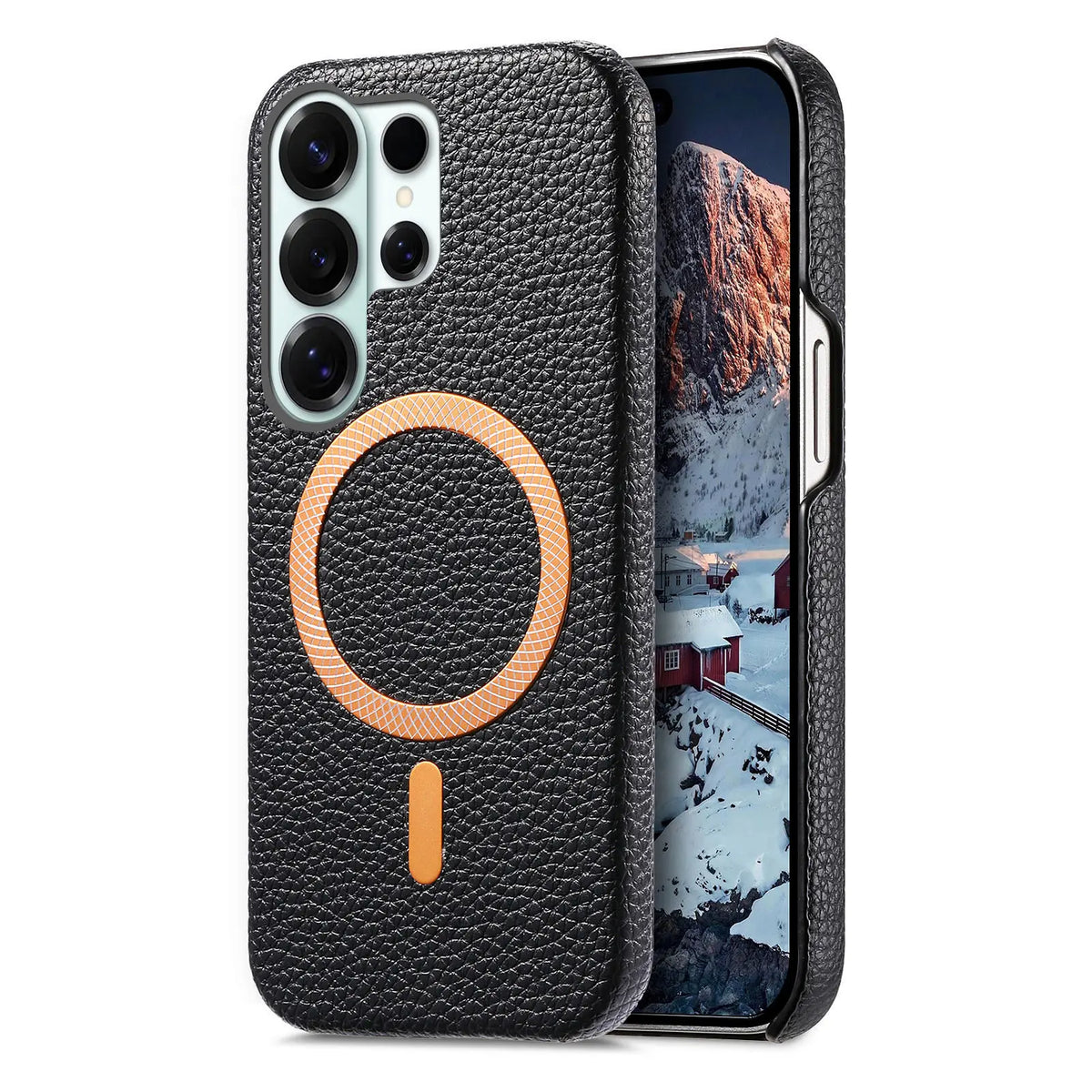 Black lychee leather MagSafe slim case for Samsung Galaxy S26, S25, S24 and Galaxy A56, rear and front angle view