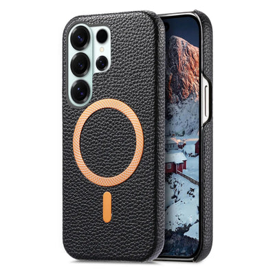 Black lychee leather MagSafe slim case for Samsung Galaxy S26, S25, S24 and Galaxy A56, rear and front angle view