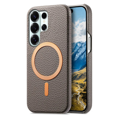 Gray lychee leather MagSafe slim case for Samsung Galaxy S26, S25, S24 and Galaxy A56, rear and front angle view