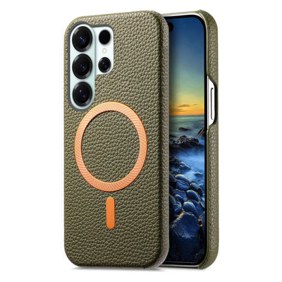 Green lychee leather MagSafe slim case for Samsung Galaxy S26, S25, S24 and Galaxy A56, rear and front angle view