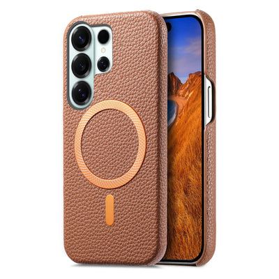 Light brown lychee leather MagSafe slim case for Samsung Galaxy S26, S25, S24 and Galaxy A56, rear and front angle view