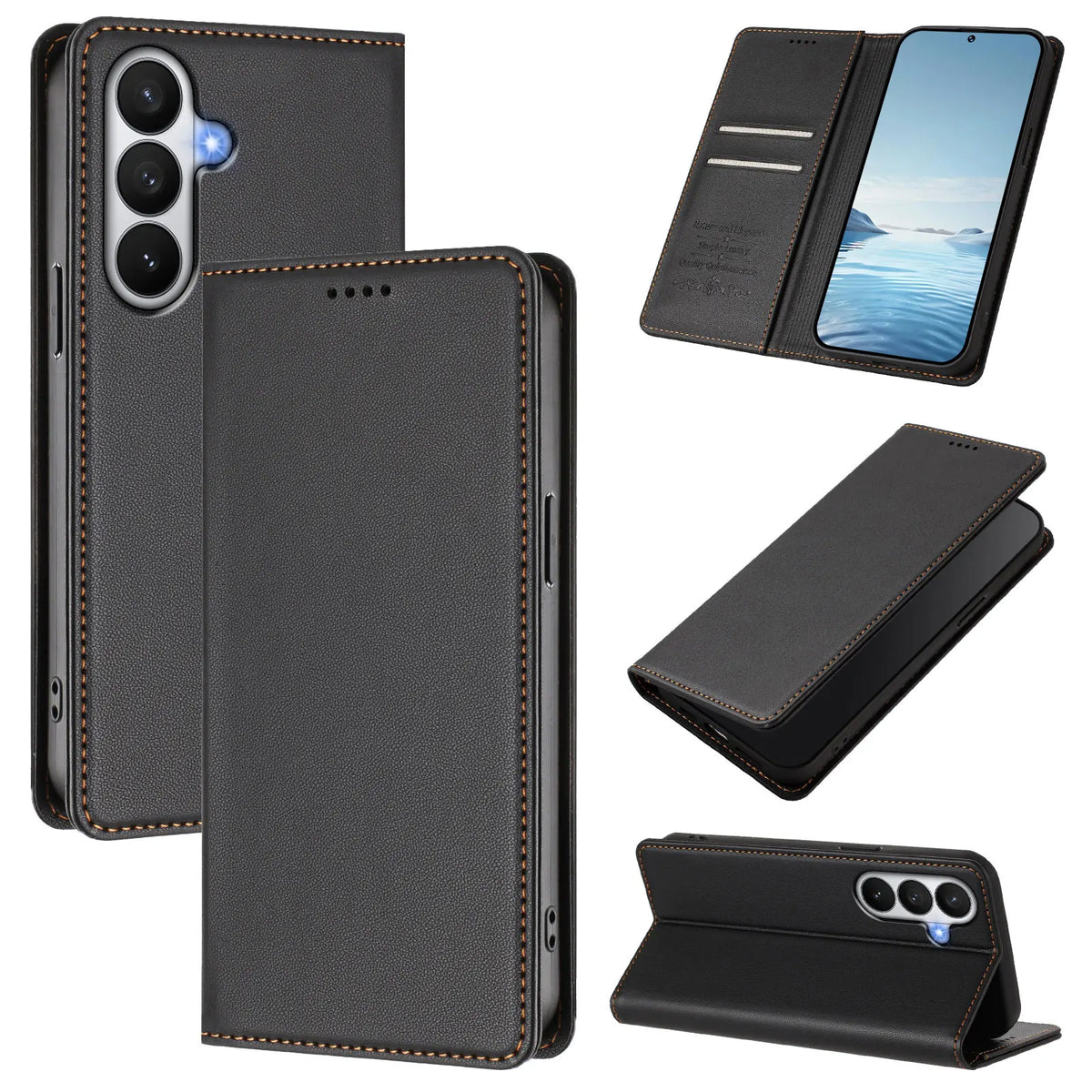 Four-angle overview of the Galaxy S26 and S25 leather flip case showing front, back, card slots and stand
