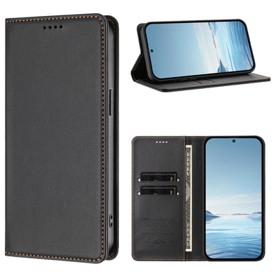 Three-angle overview of the Galaxy S26 and S25 magnetic leather wallet case showing kickstand and card slots