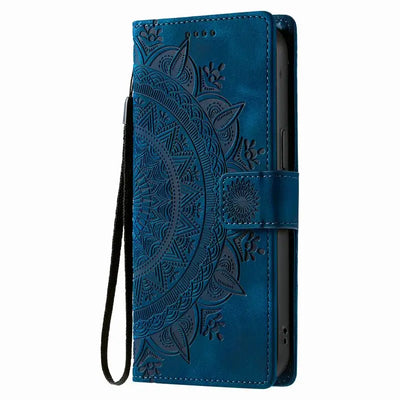Blue mandala embossed Galaxy wallet case with wrist strap, closed front view
