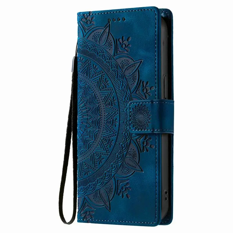 Blue mandala embossed Galaxy wallet case with wrist strap, closed front view