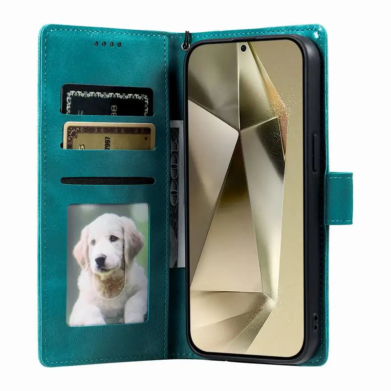 Open teal mandala wallet case showing card slots, a photo window and cash pocket