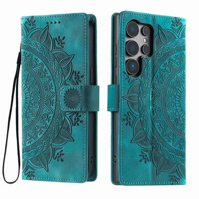 Teal green mandala embossed leather wallet case for Samsung Galaxy Note and S series with wrist strap, front and back