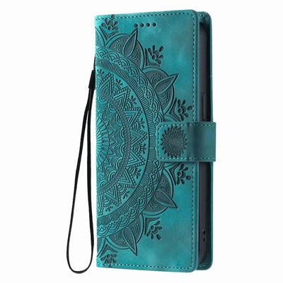 Green mandala embossed Galaxy wallet case with wrist strap, closed front view