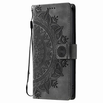 Grey mandala embossed Galaxy wallet case with wrist strap, closed front view