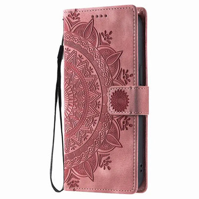 Pink mandala embossed Galaxy wallet case with wrist strap, closed front view