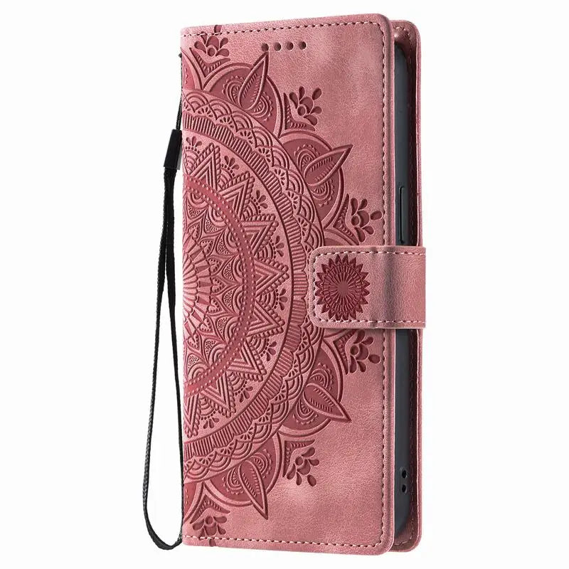 Pink mandala embossed Galaxy wallet case with wrist strap, closed front view