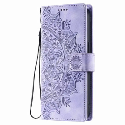 Purple mandala embossed Galaxy wallet case with wrist strap, closed front view
