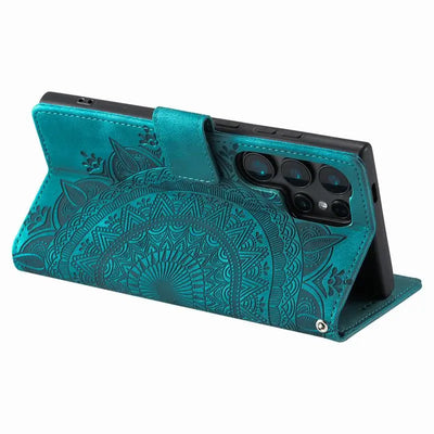 Back of the teal mandala wallet case in stand mode with the camera cutout