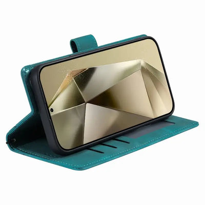 Teal mandala wallet case folded into a landscape stand