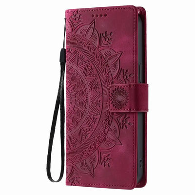 Wine red mandala embossed Galaxy wallet case with wrist strap, closed front view