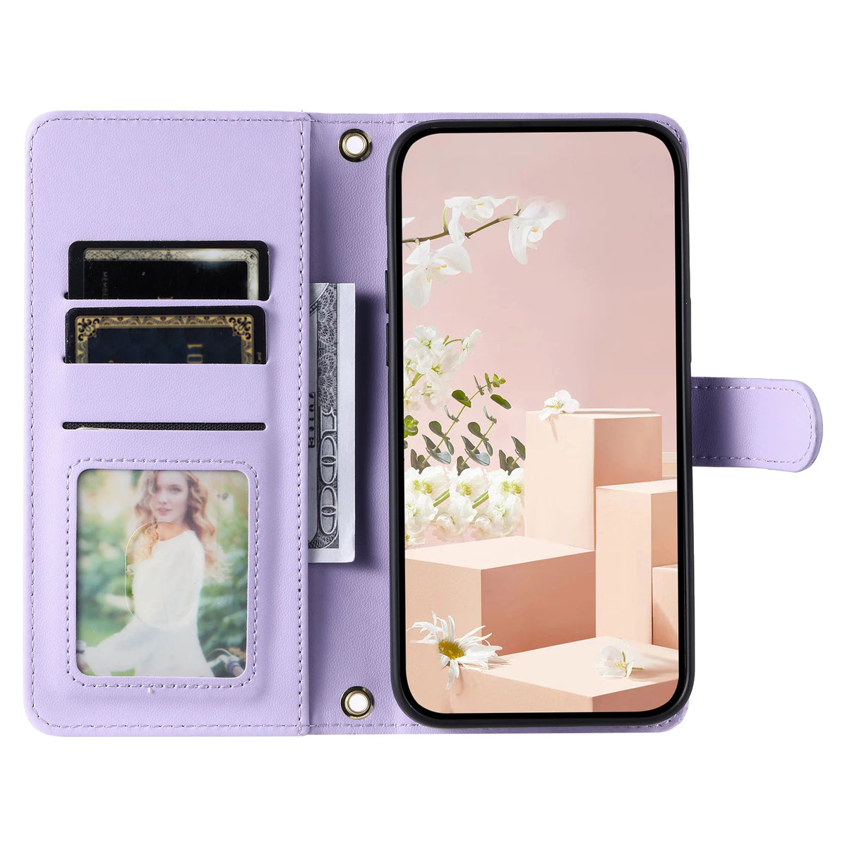 Open interior of the quilted Google Pixel wallet case showing 2 card slots, photo window and cash pocket