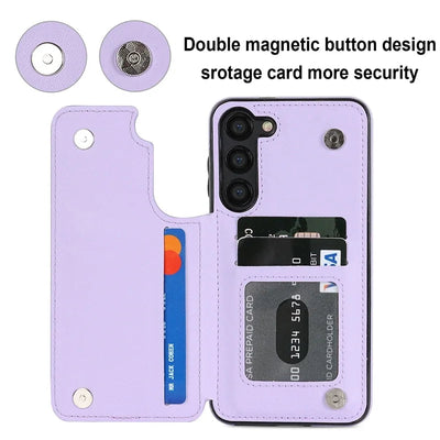 Double magnetic snap button closure and 4-card storage layout on the Galaxy A series quilted leather wallet case