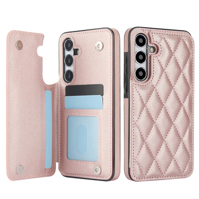 Rose gold quilted leather card holder wallet case for Samsung Galaxy A51 and A50, open card slot and closed back views